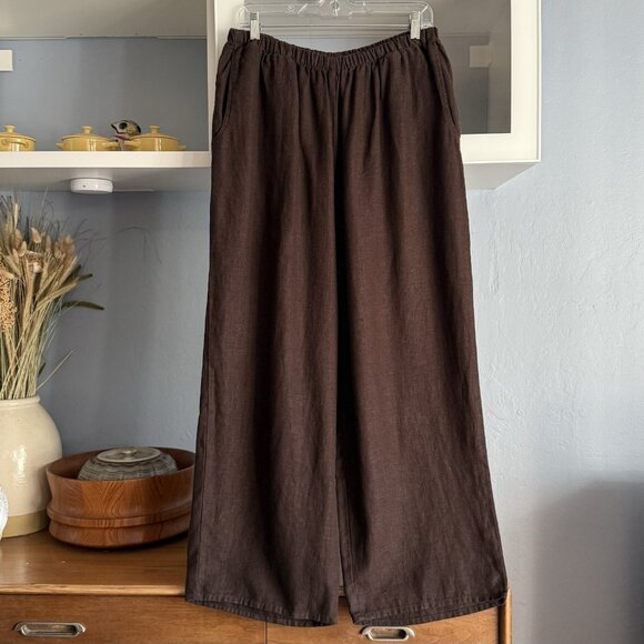 FLAX Linen Pants Dark Brown Wide Leg FLoods Lagenlook Coastal Minimalist - Picture 1 of 4
